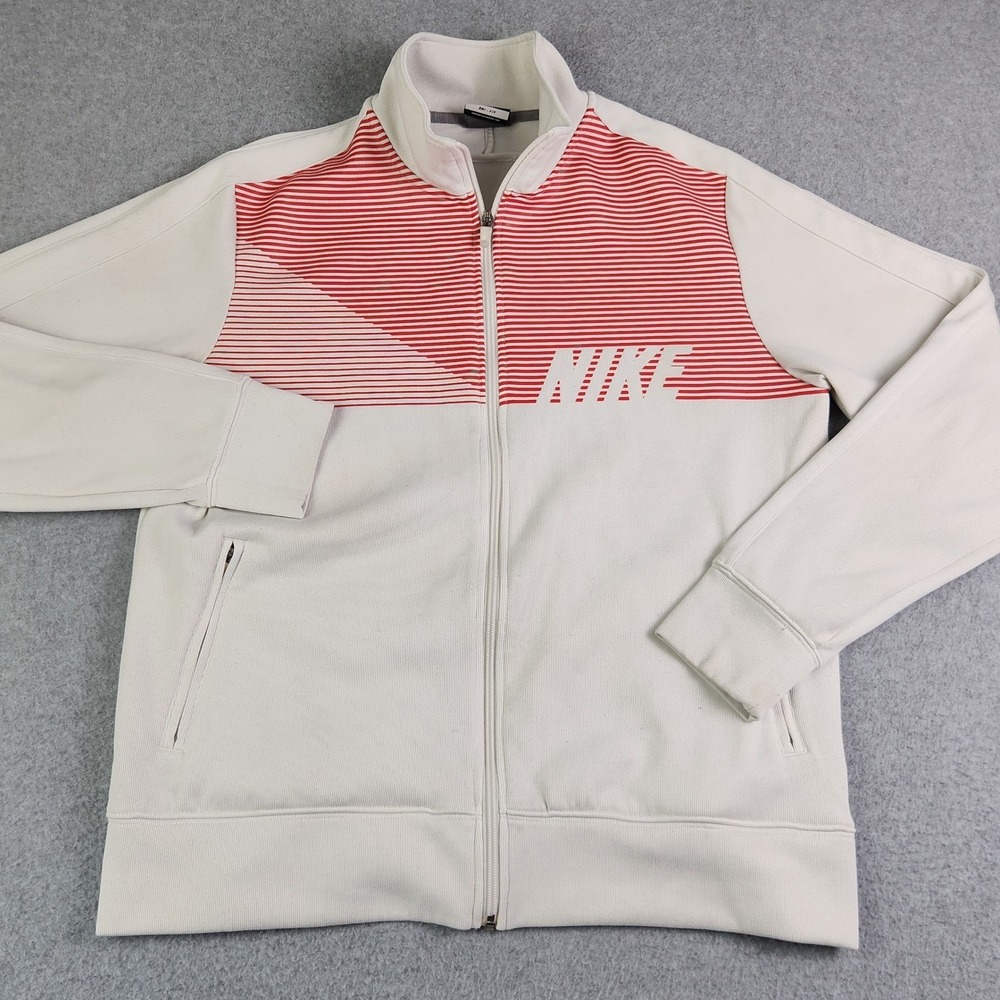 Nike Track Jacket Mens L Cream Red Stripe Golf Sport Dri-FIT Mesh Lined Full Zip